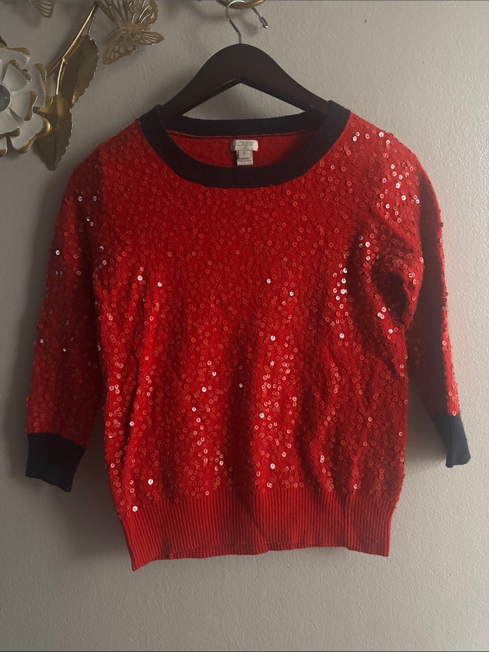 J. Crew Red Sequin Crewneck Sweater with Black Trim